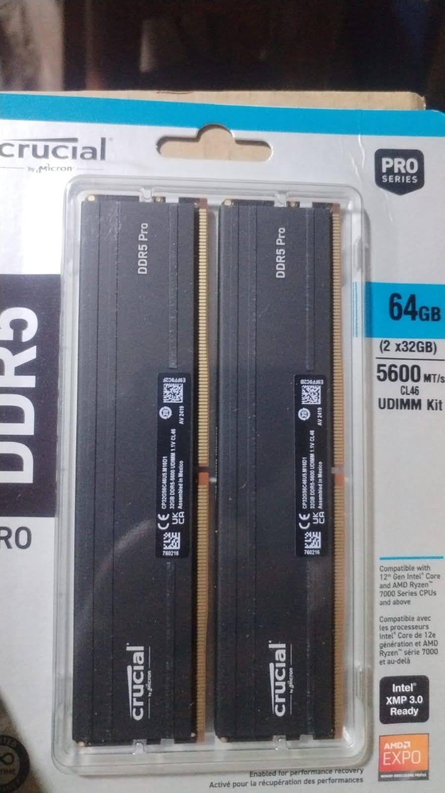 Crucial Pro 64GB DDR5 RAM Kit (2x32GB), 5600MHz Desktop Memory UDIMM 288-pin, Compatible with 13th Gen Intel Core and AMD Ryzen 7000 - CP2K32G56C46U5 customer photo 1