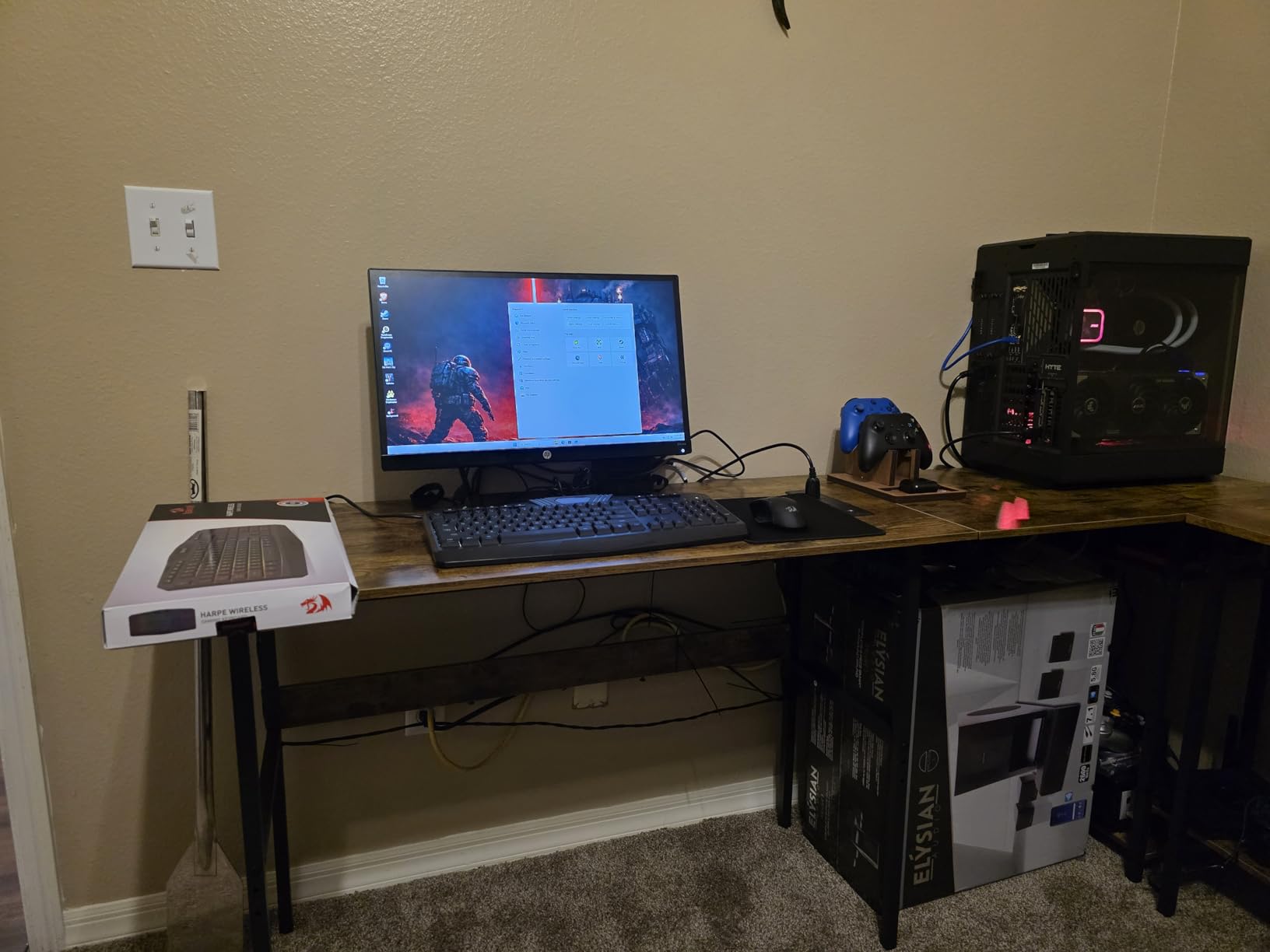 Unikito Reversible L Shaped Desk with Magic Power Outlets and USB Charging Ports, Sturdy Corner Computer Desk with Storage Shelves, Gaming Table Home Office Desk, Easy to Assemble, Black customer photo 1