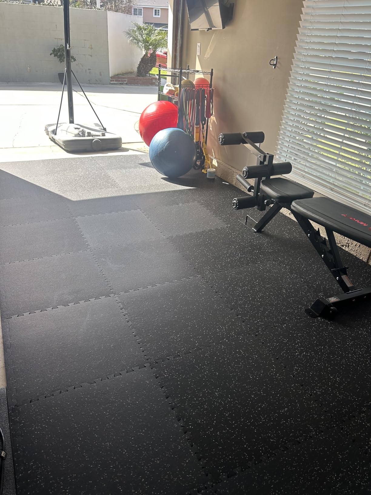 AIRHOP 0.56in Thick 48 Sq Ft Exercise Equipment Mats, 12 Tiles Upgraded Rubber Top with High Density EVA Foam, Large Interlocking Puzzle Gym Flooring for Home Gym, Heavy Weight Workout, 24 x 24in customer photo 1