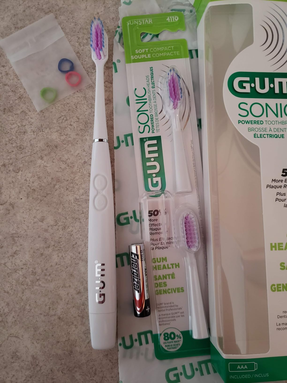 GUM Sonic Powered Toothbrush, White, 1 Handle + 2 Refills | 12,000 sonic vibrations, & tapered bristles help reach below gumline, 1 AAA battery, Travel cap, 2 replacement heads included customer photo 1