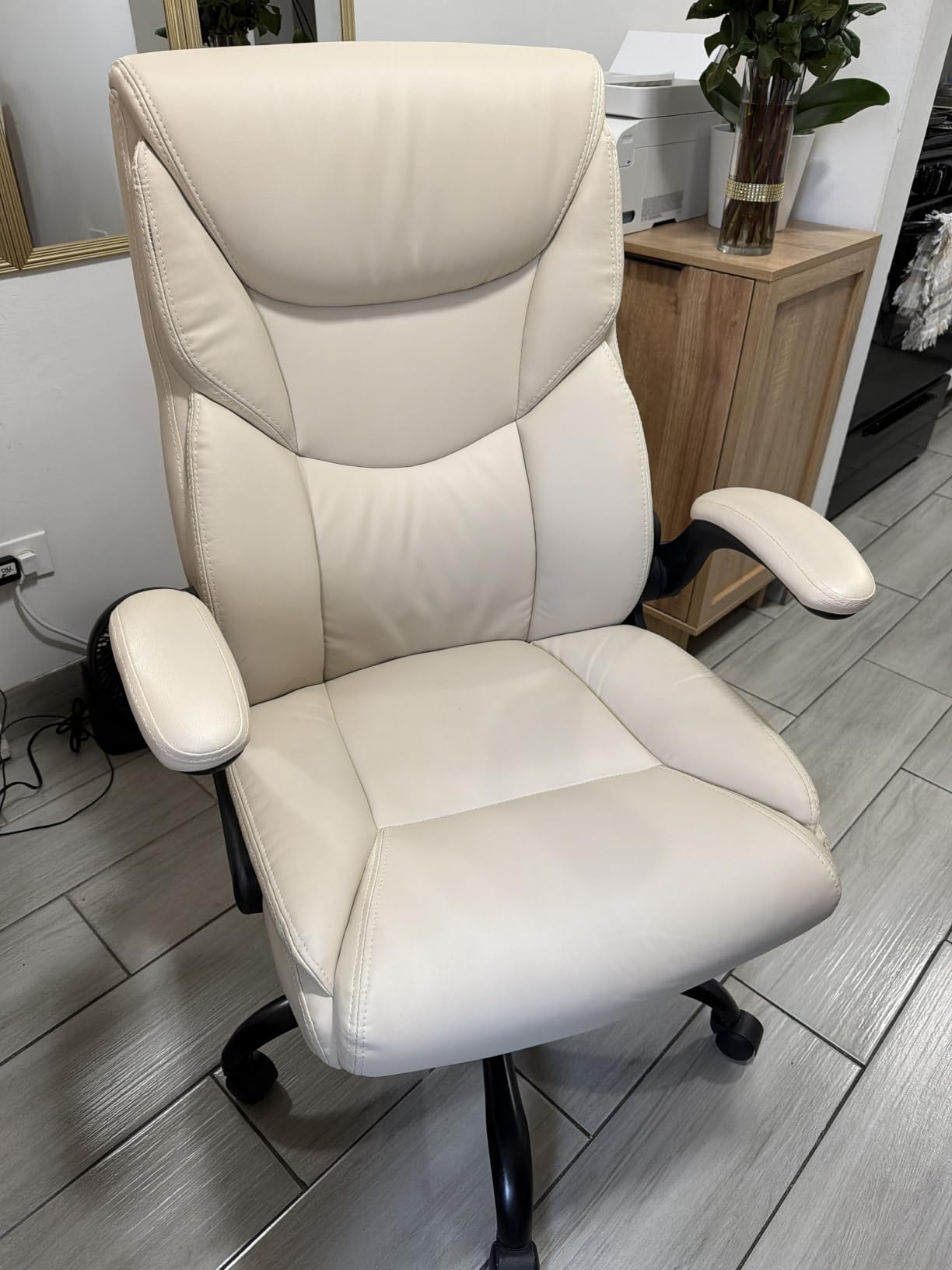 Sweetcrispy Home Office Desk Chairs, High Back PU Leather Chair | Heavy Duty, High Back, Flip-up Armrest, PU Leather, Height Adjustable, Rolling Wheels, Beige customer photo 2