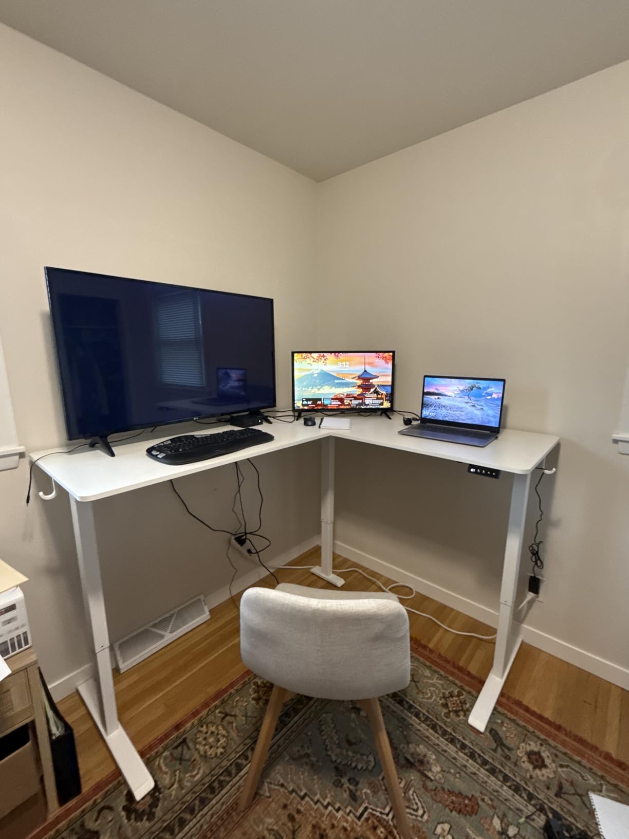 TIQLAB L Shaped Standing Desk Adjustable Height, Reversible Electric Corner Standing Desk, 63 x 55 inch Sit Stand Computer Table with Splice Board, Maple customer photo 1