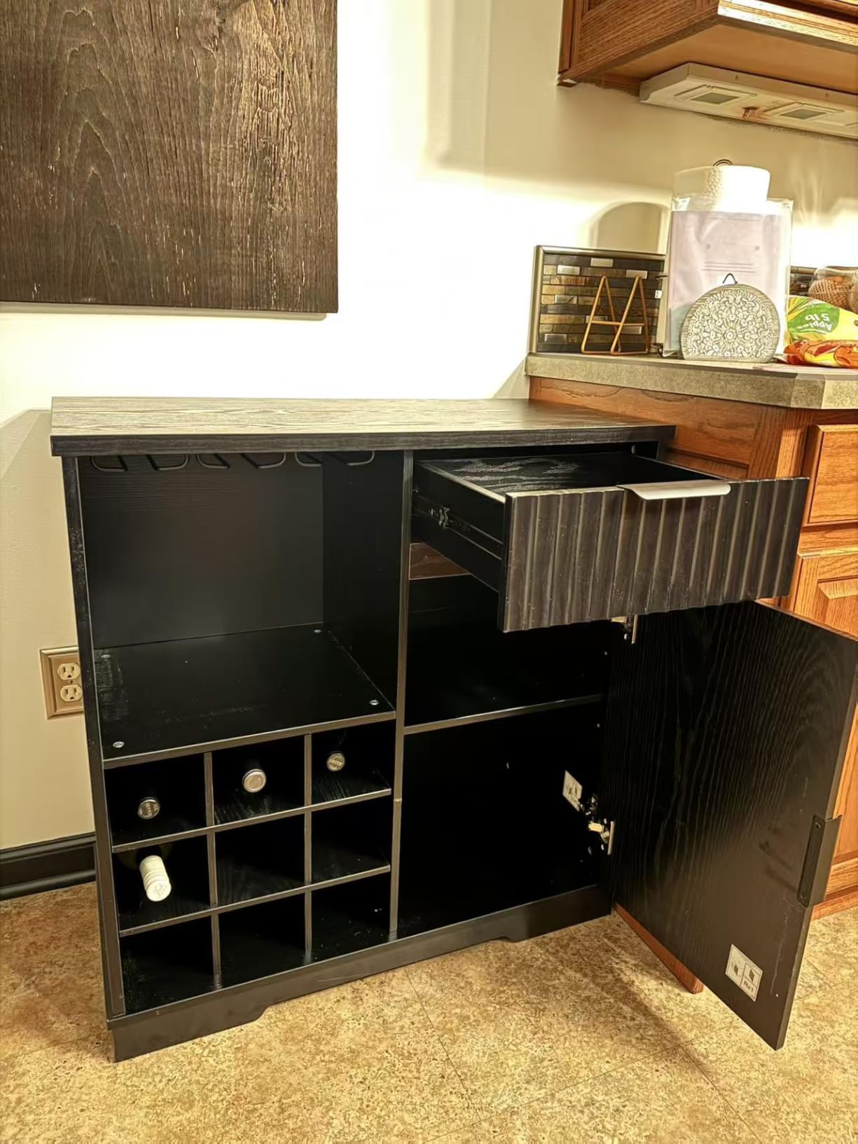 Snack Bar Cabinet with Fridge Included for Home Theater, Black | Coffee Bar Cabinet with LED Lights, Snack Organizer with Storage, Human Body Sensor, 39