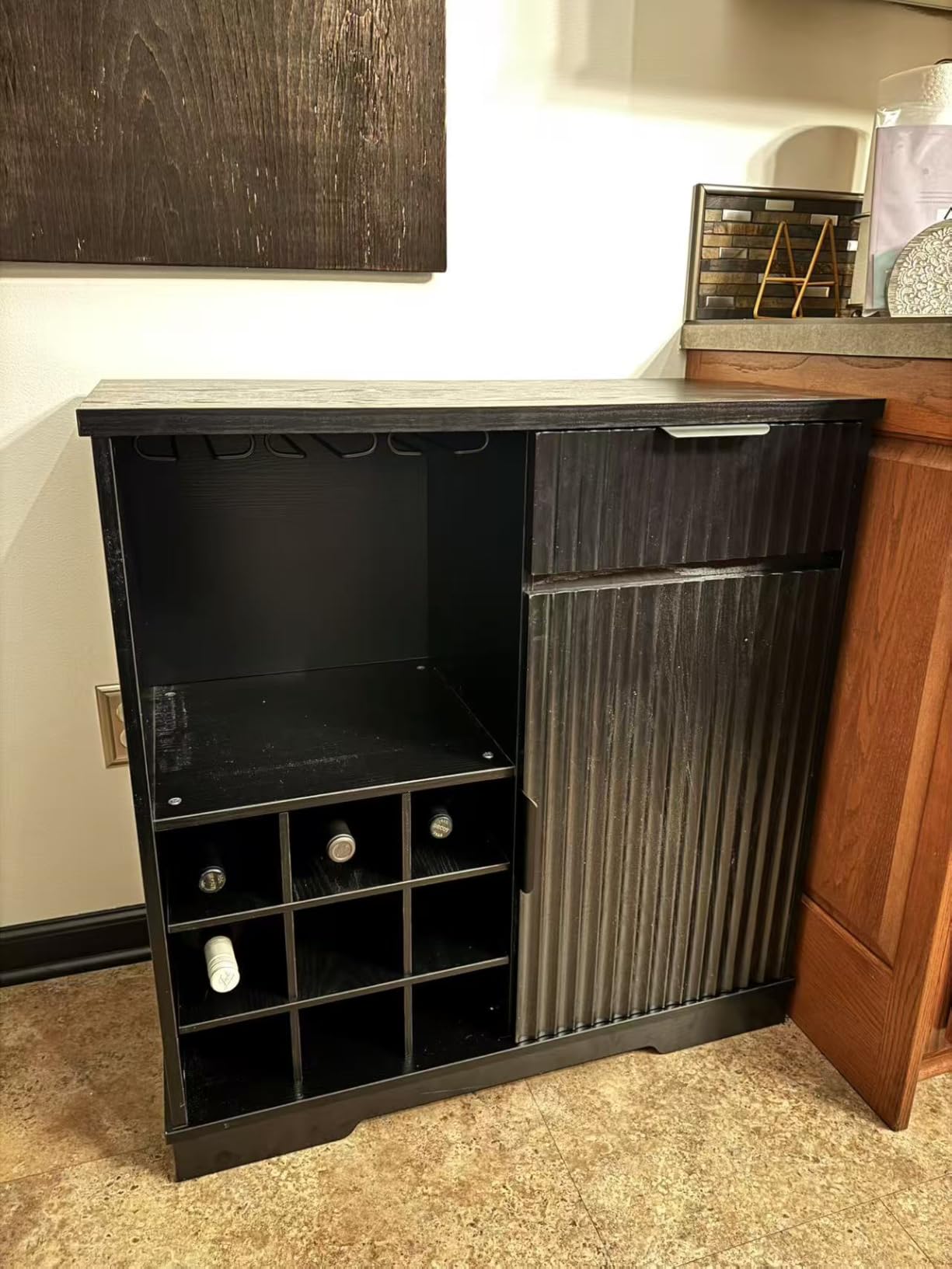 Snack Bar Cabinet with Fridge Included for Home Theater, Black | Coffee Bar Cabinet with LED Lights, Snack Organizer with Storage, Human Body Sensor, 39